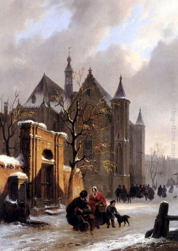 Bartholomeus Johannes Van Hove A Capricio View With Figures Leaving A Church In Winter
